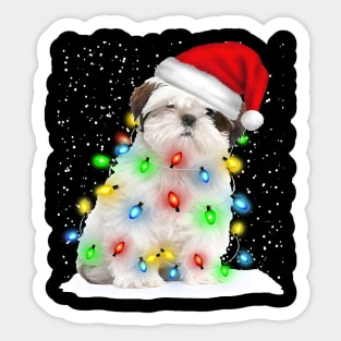 White Shih Tzu Christmas Santa Hat Xmas Tree Color Lights Sticker